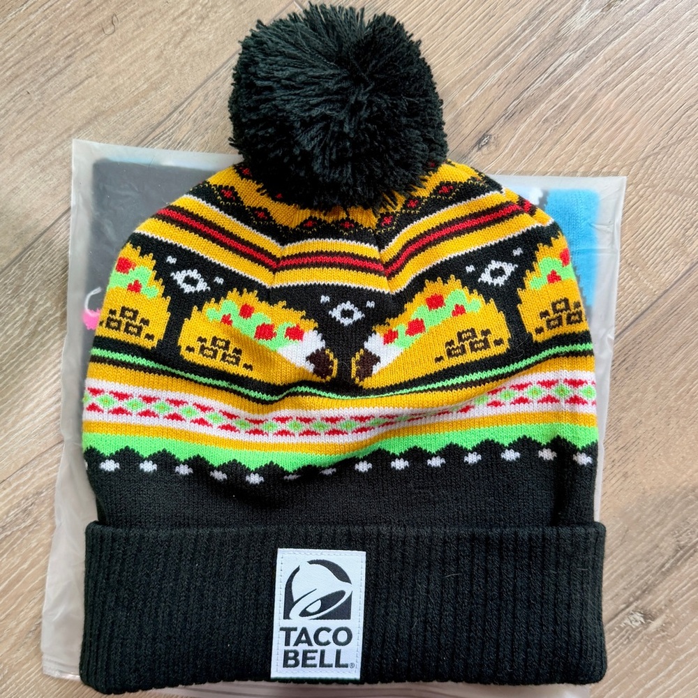 Taco Bell Beanie - Taco Print Pom Knit Hat - One Size